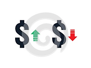 dollar increase decrease icon. Money symbol with arrow stretching rising up and drop fall down. Business cost sale and reduction i photo
