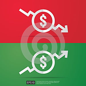 dollar increase decrease icon. Money symbol with arrow stretching rising up and drop fall down. Business cost sale and reduction i