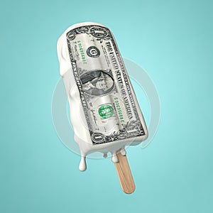 Dollar inflation and depreciation concept. Melting ice cream with a dollar bill