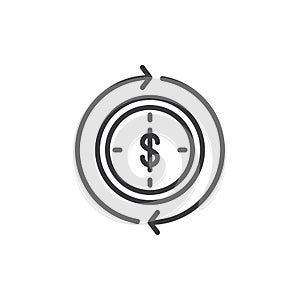 Dollar inside clock and circling arrows line icon