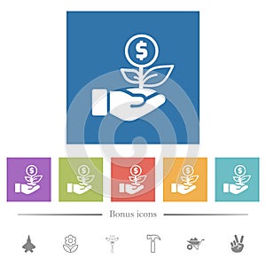 Dollar investment flat white icons in square backgrounds