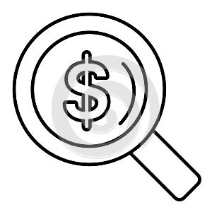 Dollar and magnifying glass outline icon. linear style sign for mobile concept and web design. Looking for money simple