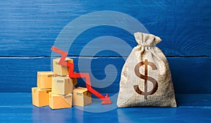 Dollar money bag with boxes and down arrow. Income decrease, slowdown and decline of economy. Bad consumer sentiment and demand