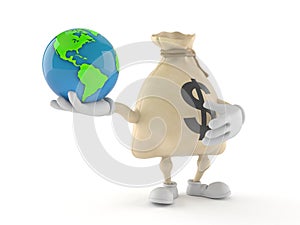 Dollar money bag character holding world globe