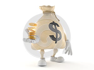 Dollar money bag character with stack of coins