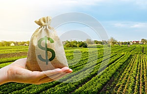 Dollar money bag on farm field. Lending and subsidizing farmers. Grants, financial support. Agribusiness profit. Land tax