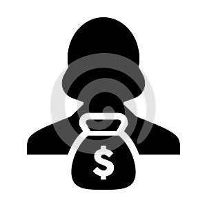 Dollar Money Bag Icon Vector With Female Person Profile Avatar Symbol for Banking and Finance in Glyph Pictogram illustration