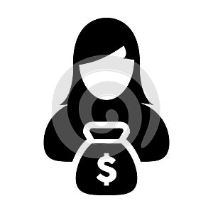 Dollar Money Bag Icon Vector With Female Person Profile Avatar Symbol for Banking and Finance in Glyph Pictogram illustration