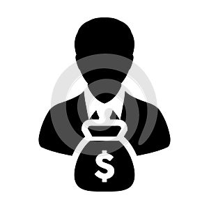 Dollar Money Bag Icon Vector With Male Person Profile Avatar Symbol for Banking and Finance in Glyph Pictogram illustration