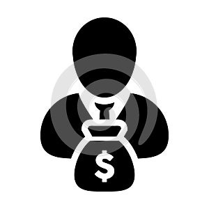 Dollar Money Bag Icon Vector With Male Person Profile Avatar Symbol for Banking and Finance in Glyph Pictogram illustration