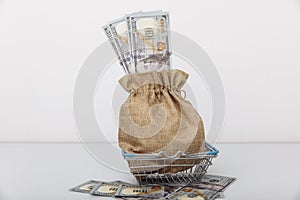 Dollar money bag on a shopping cart. Loans and microloans concept