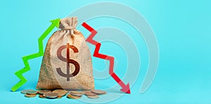 Dollar money bag and two arrows of profit loss. Income expense concept. Debit and credit. Capital movement. Trade balance. Budget