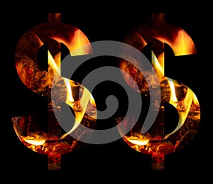 Dollar money business symbol made from fire and burning wood on a black background, a double version of the alphabet for