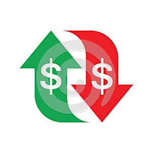Dollar money - colored icon vector illustration. Up & down Arrows sogns. Cash back concept sign. Exchange market finance business photo