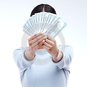 Dollar money, hands or studio woman with lottery award win, competition giveaway or bonus cash payment. Finance trading