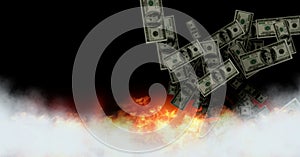 Dollar money notes burning in fire