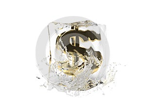 Dollar money sign in cube of melting ice and drop water on isolated background