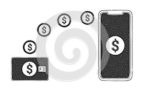 Dollar money transfer icons. Money transfer from phone to card. Financial icons. Hand drawn icons. Vector illustration