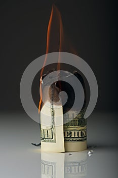 Dollar note burning in fire