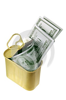 Dollar Notes in Tin Can