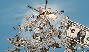 Dollar one banknotes helicopter money dropping 3d illustration