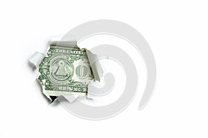 Dollar. One dollar different parts stick out in a hole on a white background.