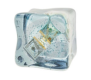 Dollar pack frozen in ice cube, 3D rendering