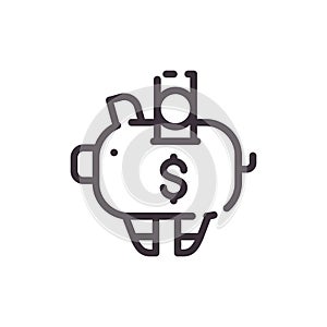 Dollar piggy bank. Financial investments. Vector liner black icon.