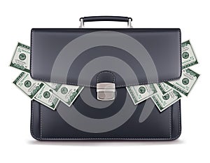 Dollar piles inside briefcase. Creative