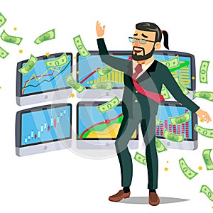 Dollar Rain Businessman Vector. Winner Cash Savings Banking Concept. Isolated Flat Cartoon Character Illustration