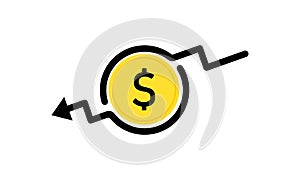 Dollar rate decrease. Coin icon. Cost reduction. Concept of financial crisis, market fall bankruptcy. Money loss. Vector on