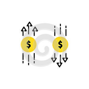 Dollar rate decrease or increase icon. Money rate icon. Money increase. Money decrease with coins. Coin with down arrow or arrow