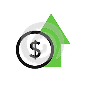 Dollar rate increase. Cost rising icon with money sign and growth arrow. Increase price, higher profit. vector