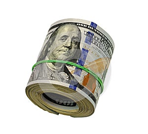 Dollar roll tightened with band. Rolled money isolated on white.