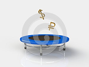 Dollar,ruble Jumping on a trampoline on a white background