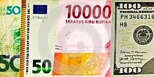 Dollar, rupiah, euro, yuan. Suitable for economic illustration.