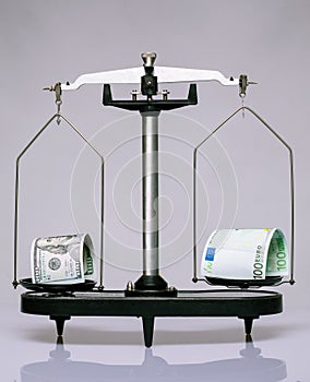 Dollar's and euro's banknotes on the scale