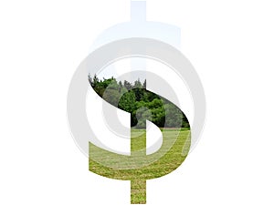 dollar sign of the alphabet made with landscape with grass, forest and a blue sky