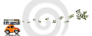 Dollar sign. American money. Cash background, us bill. Model toy car isolated with money falling.