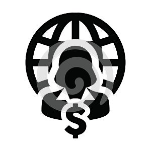 Dollar sign currency money icon vector globe with female person profile avatar symbol for a business network in a flat color glyph