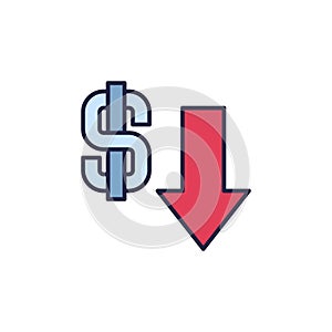 Dollar Sign and Devaluation Arrow vector Currency Value Lowering colored icon