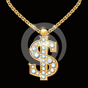 Dollar sign with diamonds on gold chain. Hip-hop