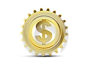 Dollar sign in a gold gear on a white background 3D illustration, 3D rendering