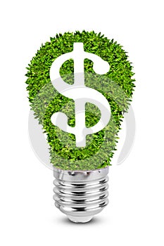 dollar sign on green grass in electric light bulb, isolated on white background