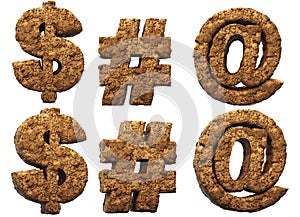 Dollar sign, hash tag, arroba. Sand alphabet in 3D render.