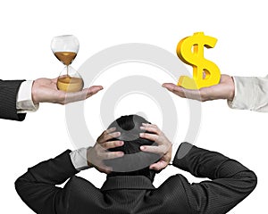 Dollar sign and hour glass with businessman hand holding head