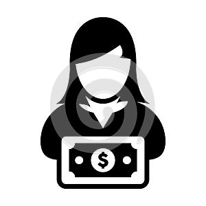 Dollar sign icon vector female user person profile avatar with currency symbol for banking and finance business