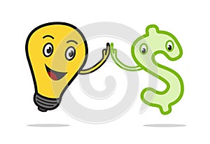 Dollar sign and light bulb hand touch each other cooperation