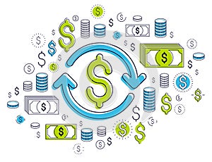 Dollar sign and loop arrow, currency exchange, return on investment, insurance concept, refund, stock market, refinance, vector