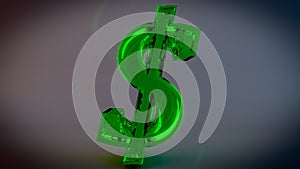 Dollar sign made of shiny green glass. 3D render.